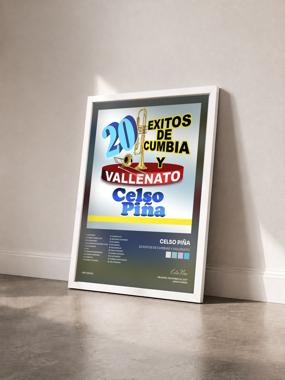 #blanc Tableau de l'album 20 Exitos De Cumbias Y Vallenato de Celso Piña vu de trois quarts, cadre blanc