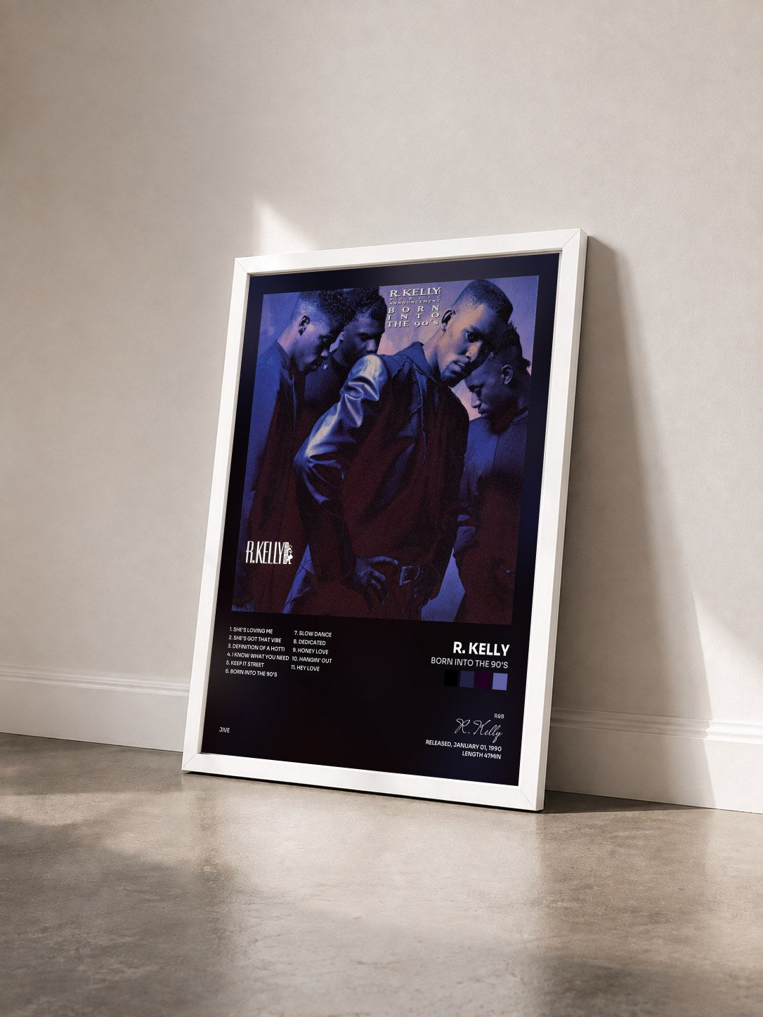 #blanc Tableau de l'album Born Into The 90's de R. Kelly vu de trois quarts, cadre blanc