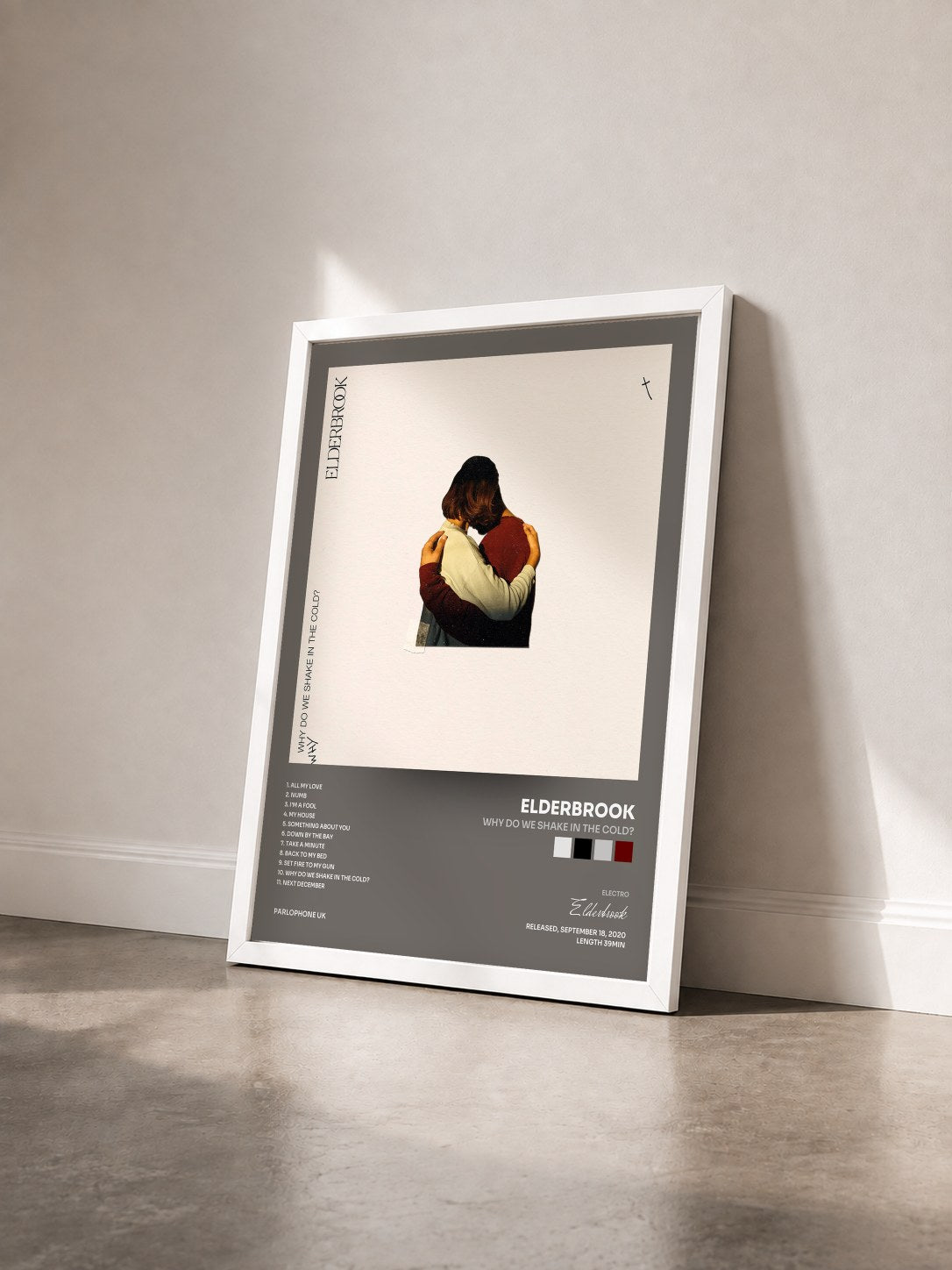 #blanc Tableau de l'album Why Do We Shake In The Cold? de Elderbrook vu de trois quarts, cadre blanc