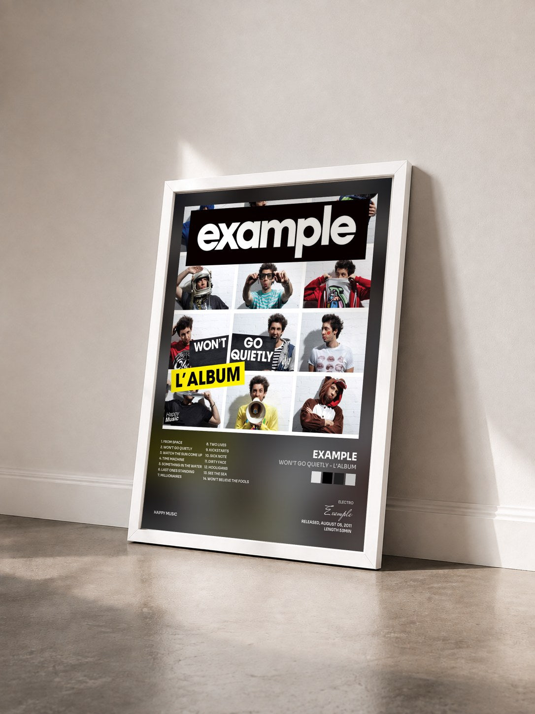 #blanc Tableau de l'album Won't Go Quietly - L'album de Example vu de trois quarts, cadre blanc