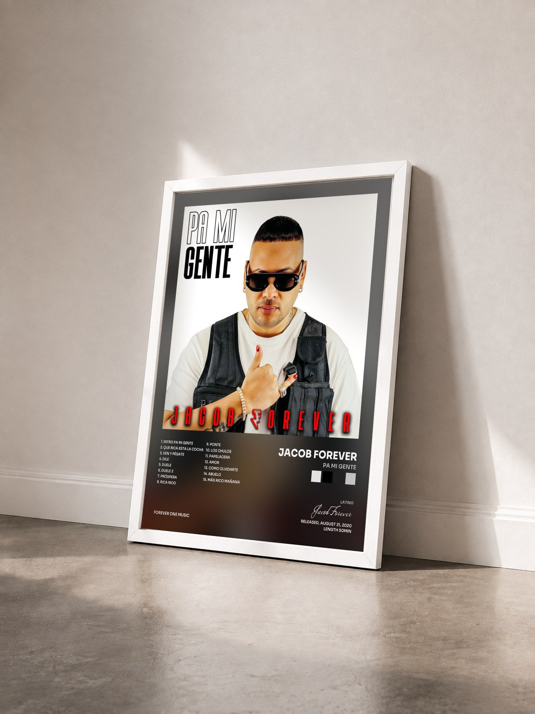 #blanc Tableau de l'album Pa Mi Gente de Jacob Forever vu de trois quarts, cadre blanc