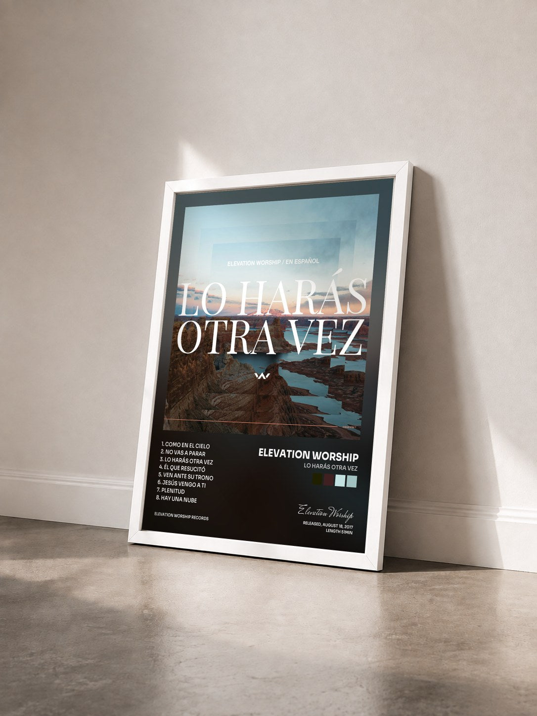 #blanc Tableau de l'album Lo Harás Otra Vez de Elevation Worship vu de trois quarts, cadre blanc