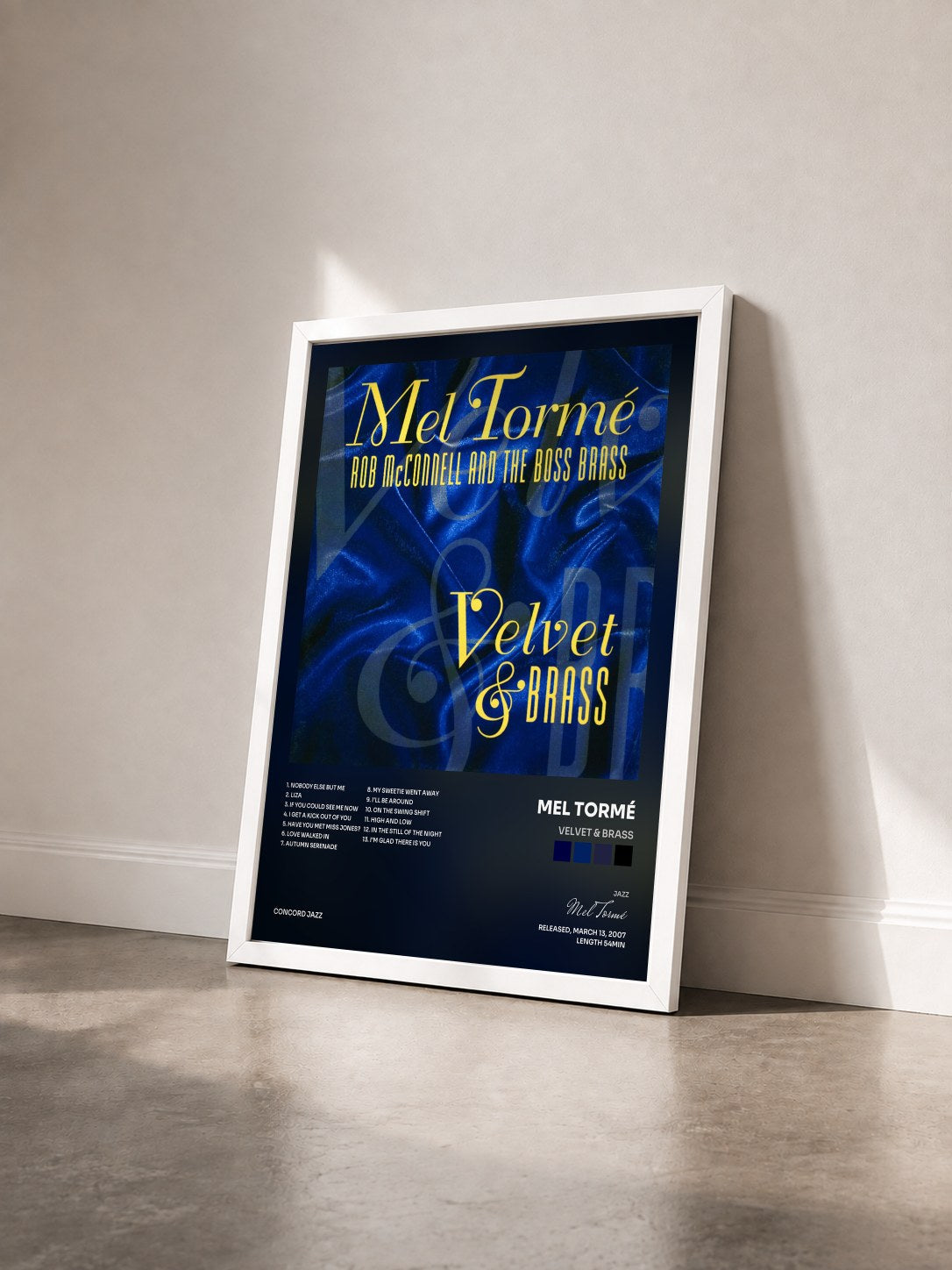 #blanc Tableau de l'album Velvet & Brass de Mel Tormé vu de trois quarts, cadre blanc