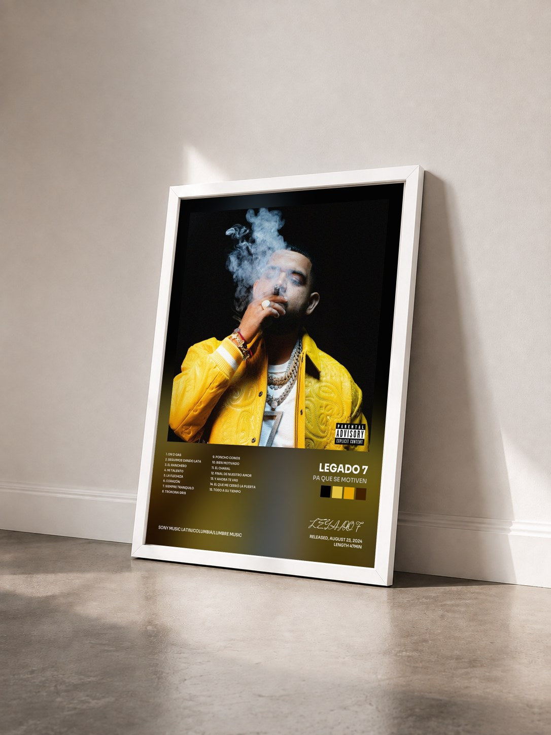 #blanc Tableau de l'album Pa Que Se Motiven de LEGADO 7 vu de trois quarts, cadre blanc