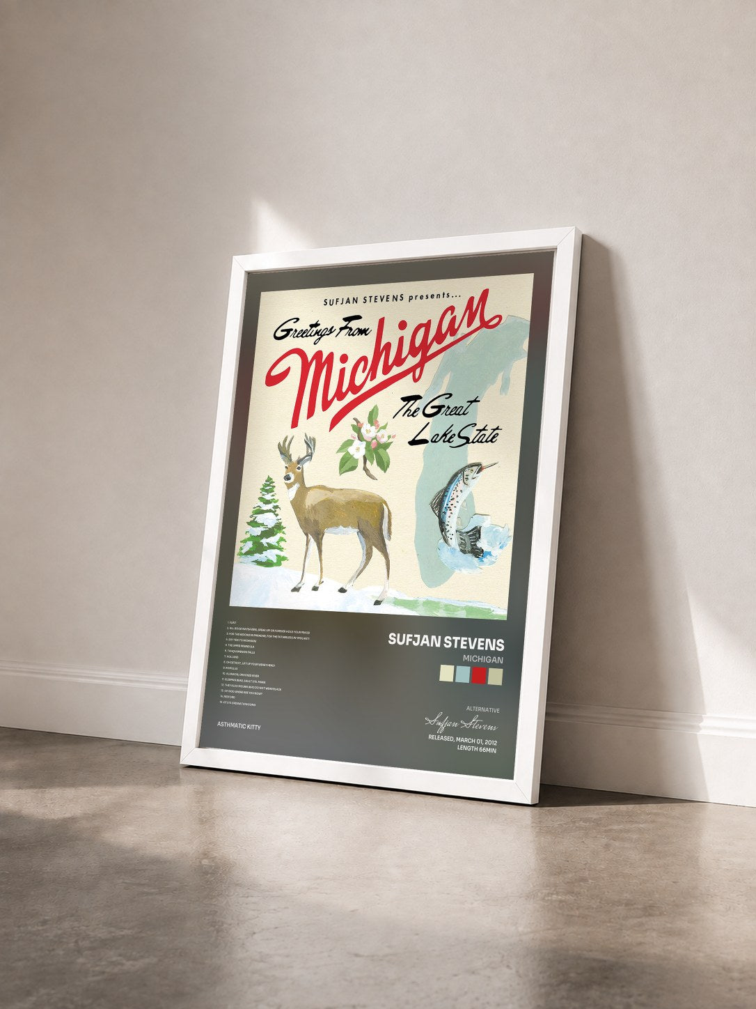 #blanc Tableau de l'album Michigan de Sufjan Stevens vu de trois quarts, cadre blanc