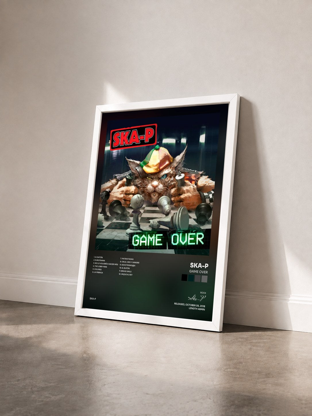 #blanc Tableau de l'album Game Over de Ska-P vu de trois quarts, cadre blanc