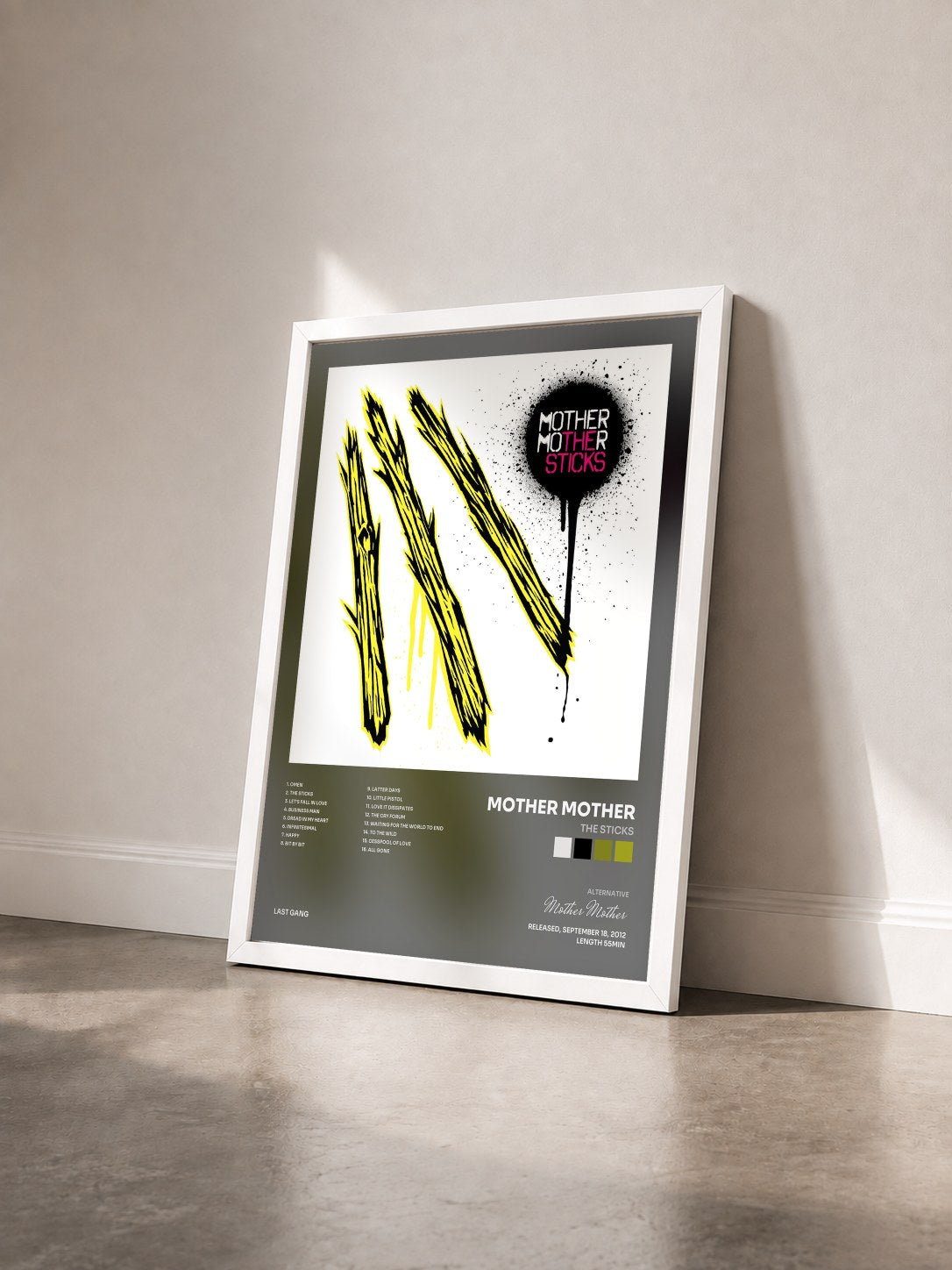 #blanc Tableau de l'album The Sticks de Mother Mother vu de trois quarts, cadre blanc