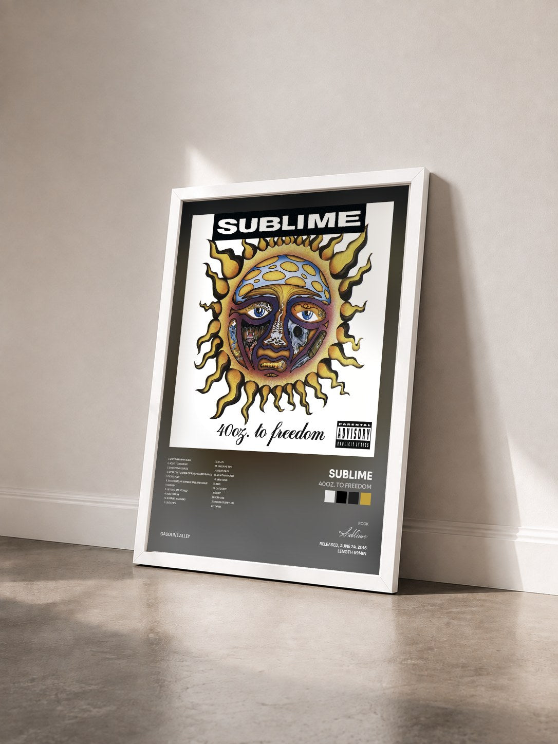 #blanc Tableau de l'album 40oz. To Freedom de Sublime vu de trois quarts, cadre blanc