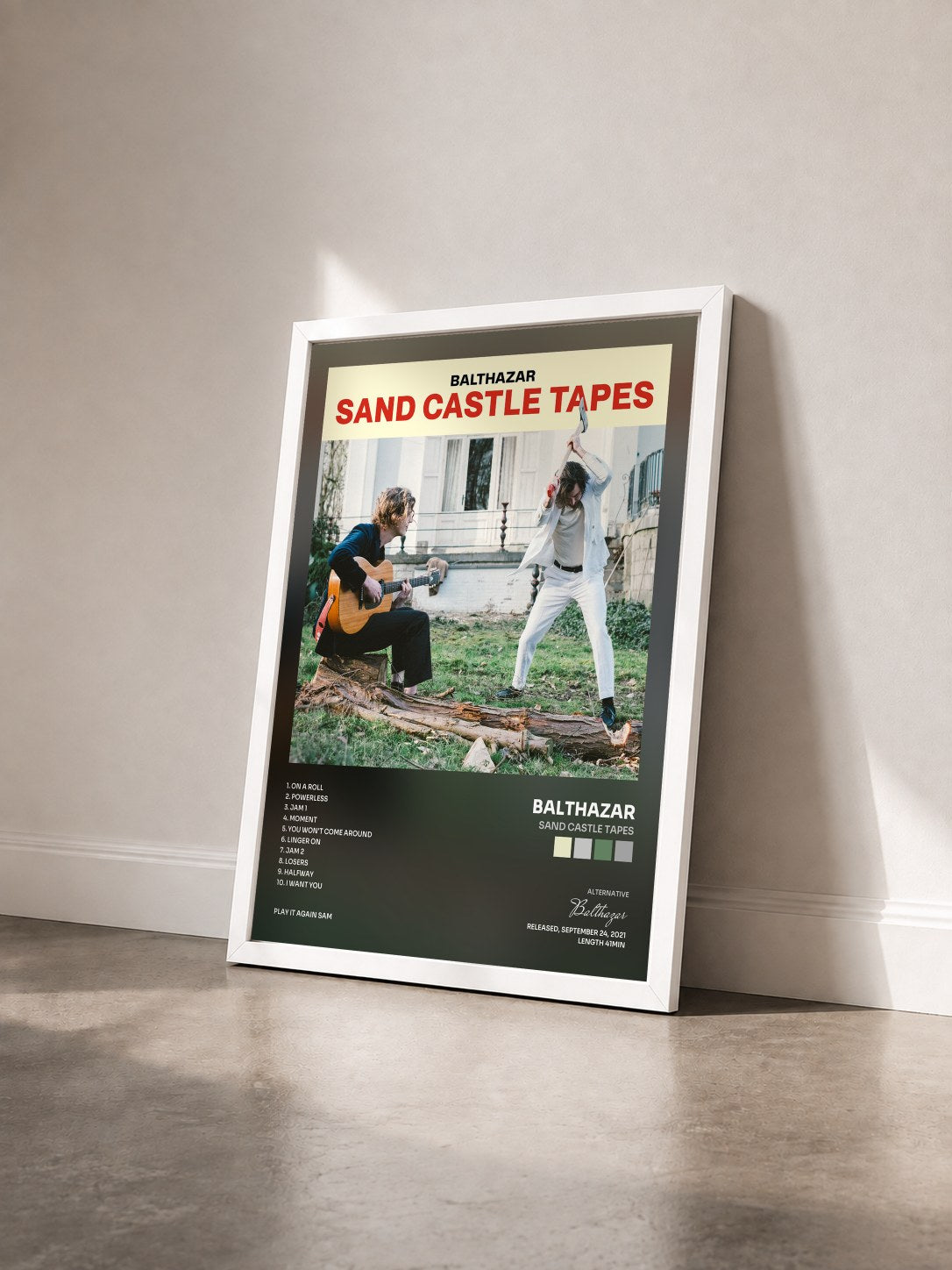 #blanc Tableau de l'album Sand Castle Tapes de Balthazar vu de trois quarts, cadre blanc