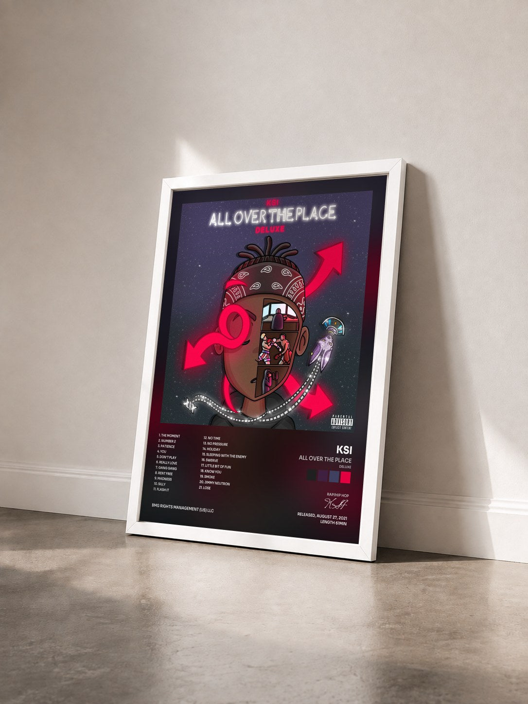 #blanc Tableau de l'album All Over The Place (Deluxe) de KSI vu de trois quarts, cadre blanc