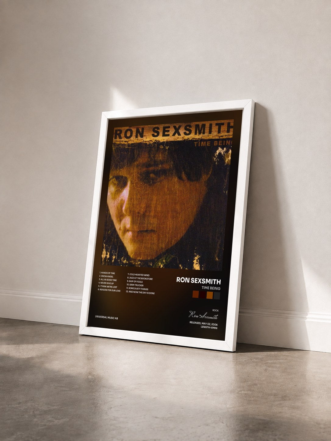#blanc Tableau de l'album Time Being de Ron Sexsmith vu de trois quarts, cadre blanc