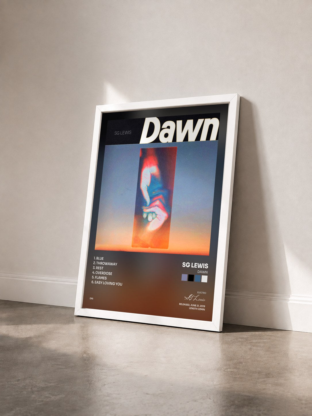 #blanc Tableau de l'album Dawn de SG Lewis vu de trois quarts, cadre blanc