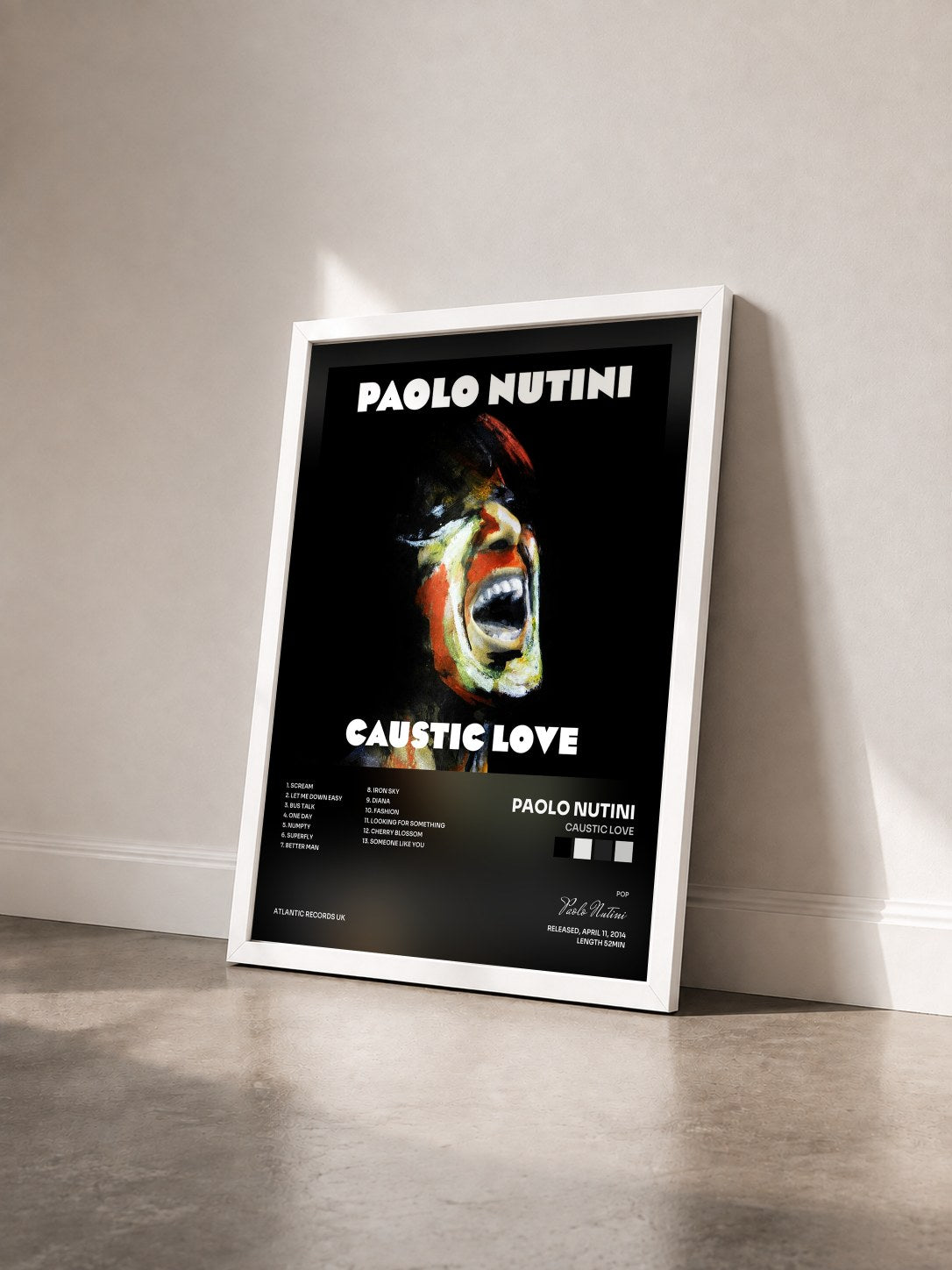 #blanc Tableau de l'album Caustic Love de Paolo Nutini vu de trois quarts, cadre blanc