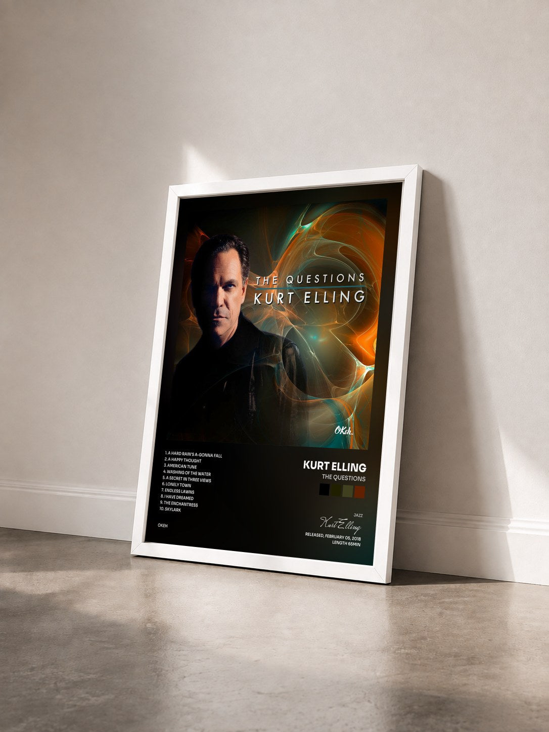 #blanc Tableau de l'album The Questions de Kurt Elling vu de trois quarts, cadre blanc