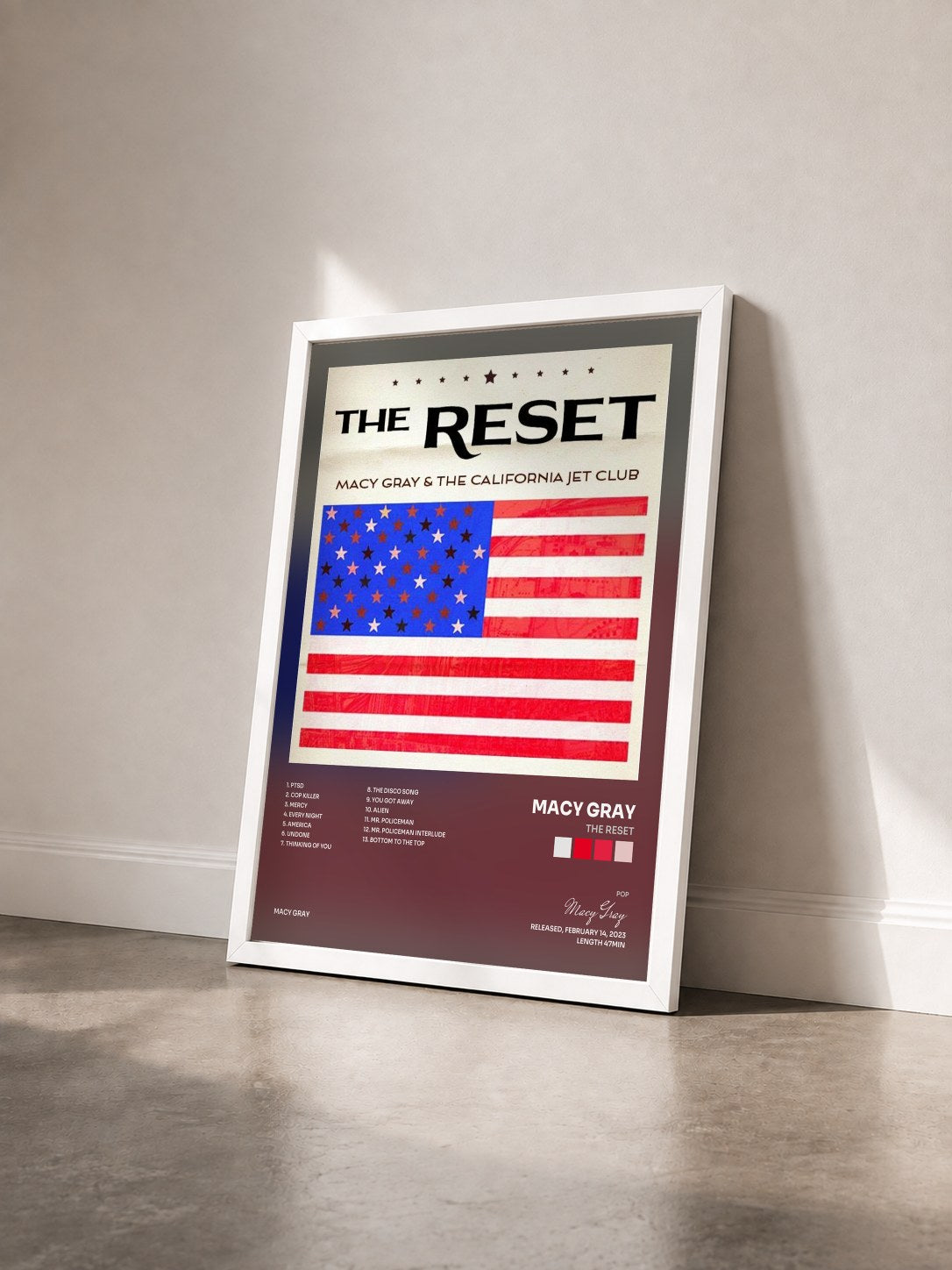 #blanc Tableau de l'album The Reset de Macy Gray vu de trois quarts, cadre blanc