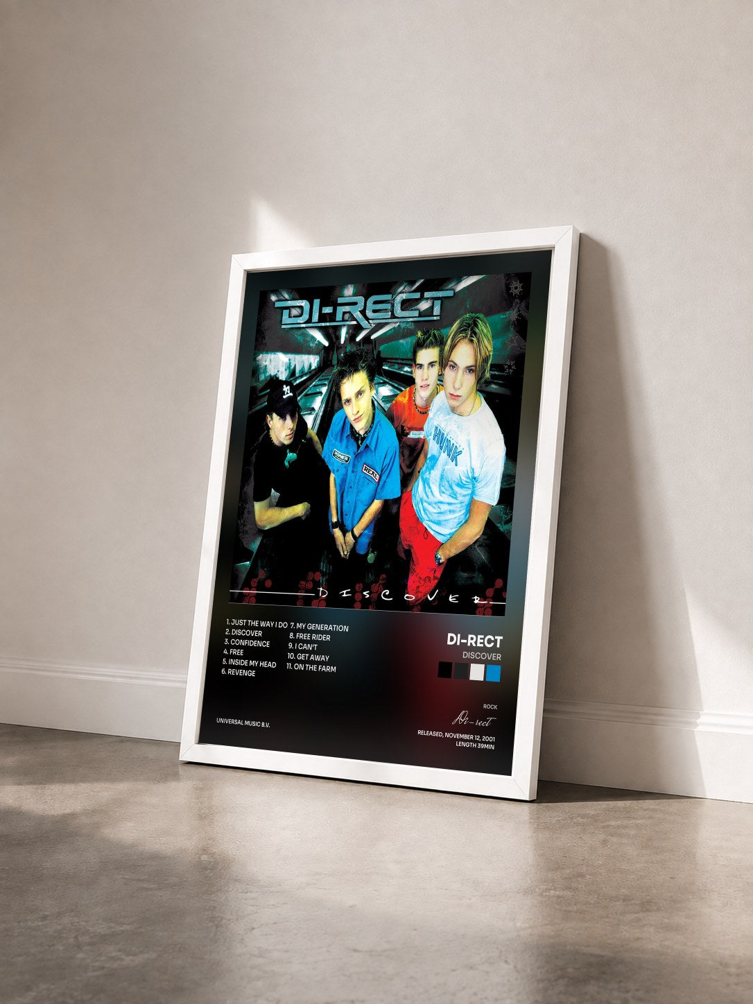 #blanc Tableau de l'album Discover de Di-rect vu de trois quarts, cadre blanc
