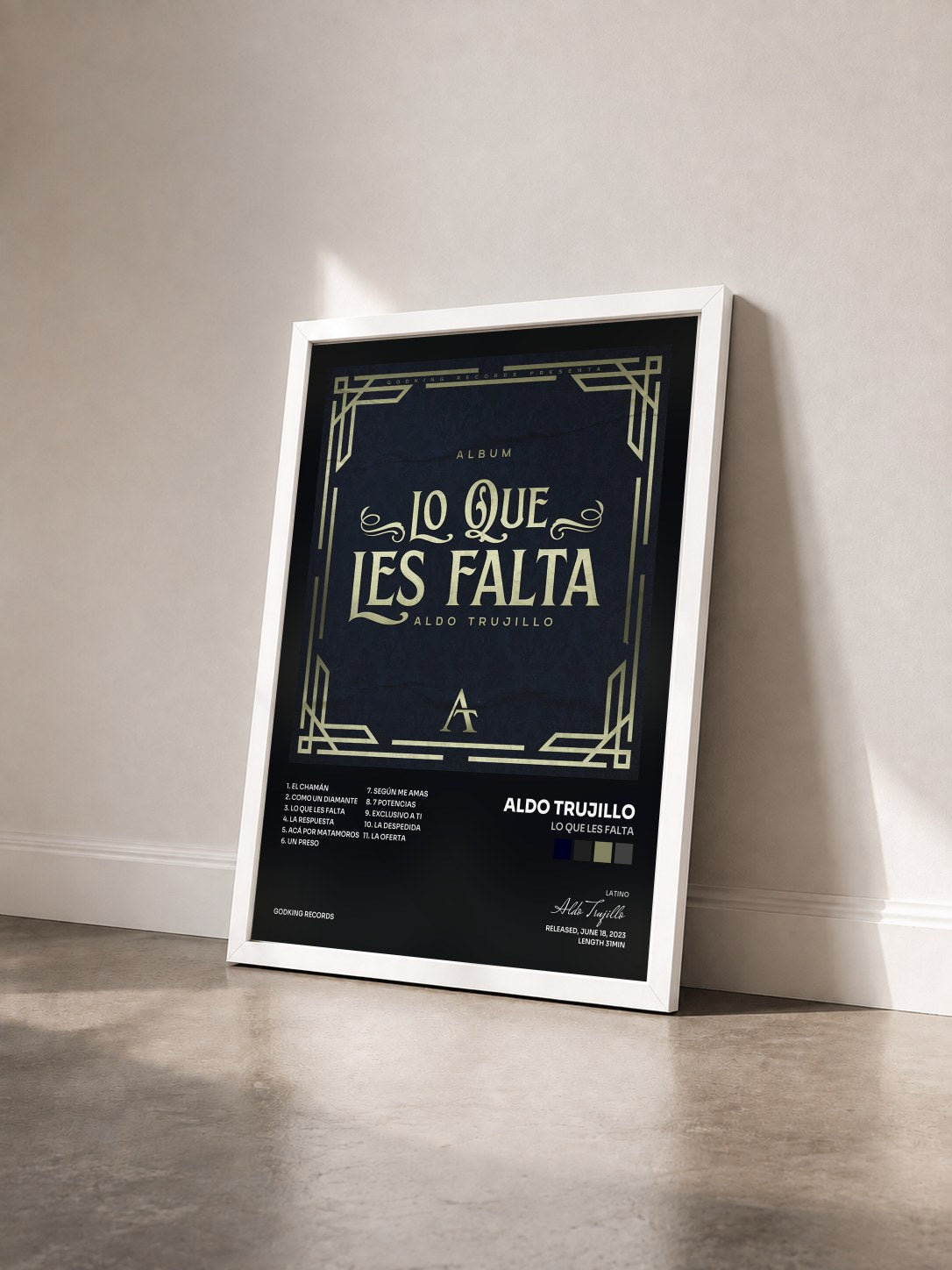 #blanc Tableau de l'album Lo Que Les Falta de Aldo Trujillo vu de trois quarts, cadre blanc