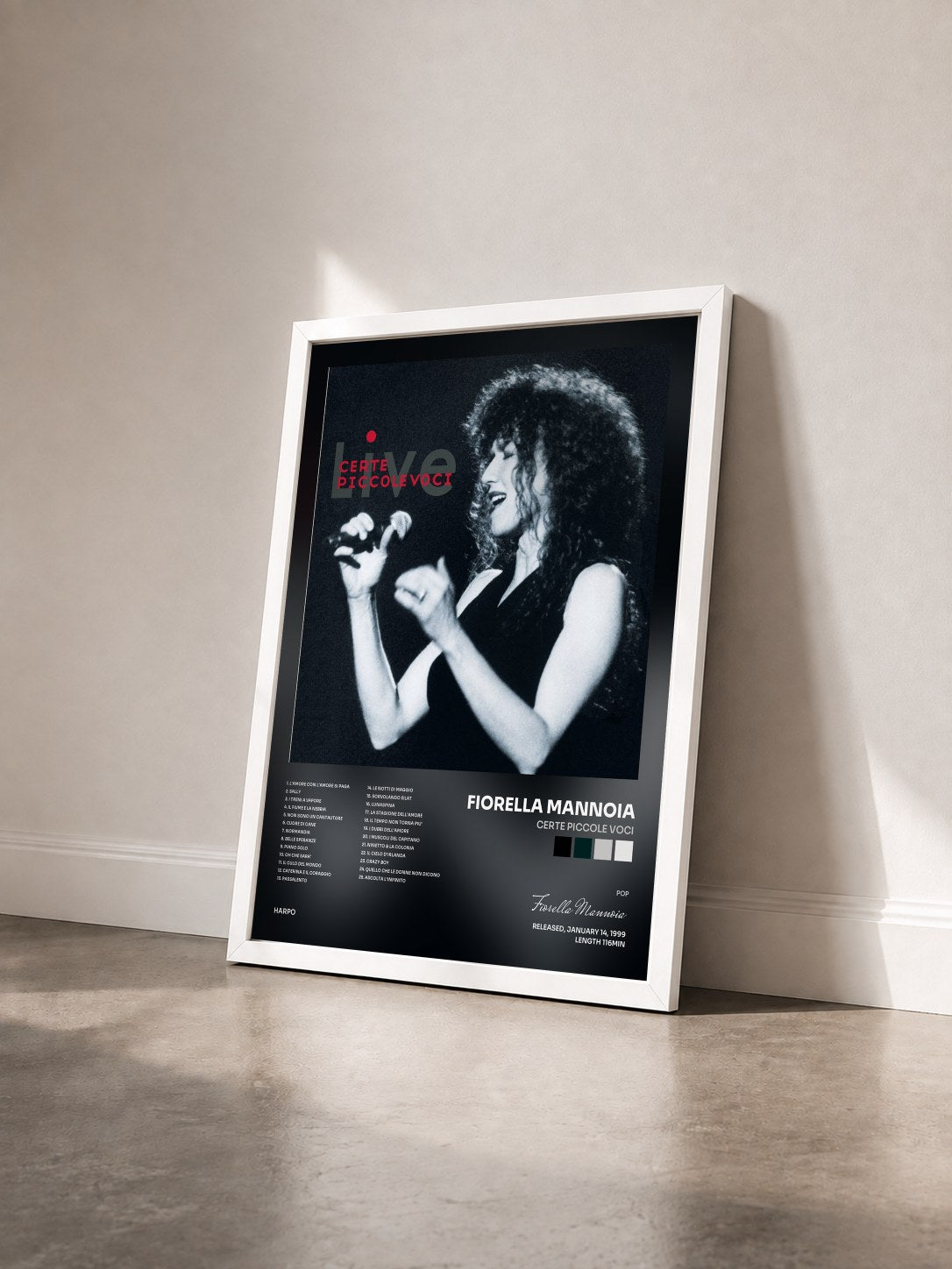 #blanc Tableau de l'album Certe Piccole Voci de Fiorella Mannoia vu de trois quarts, cadre blanc