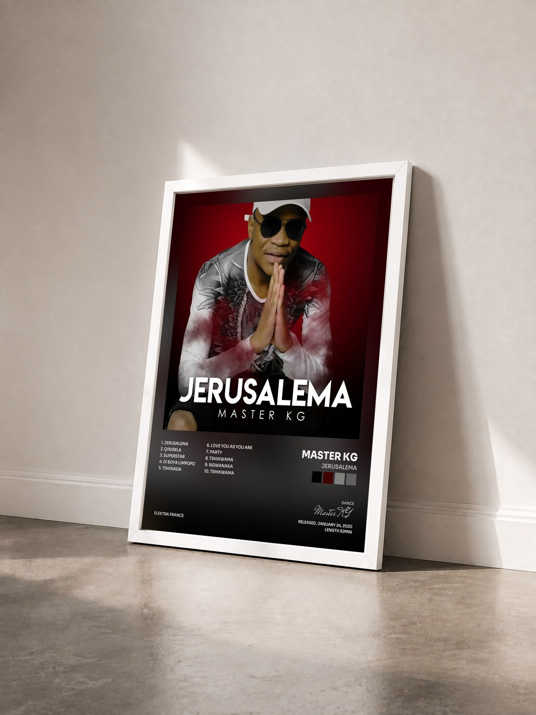 #blanc Tableau de l'album Jerusalema de Master KG vu de trois quarts, cadre blanc