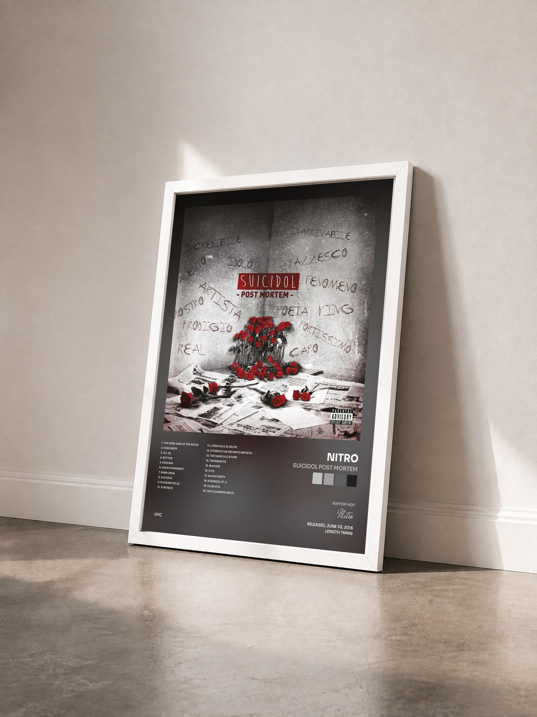 #blanc Tableau de l'album Suicidol Post Mortem de Nitro vu de trois quarts, cadre blanc