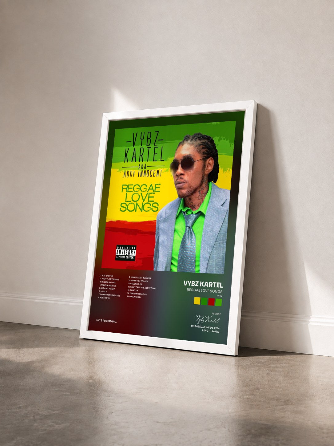 #blanc Tableau de l'album Reggae Love Songs (Raw) de Vybz Kartel vu de trois quarts, cadre blanc