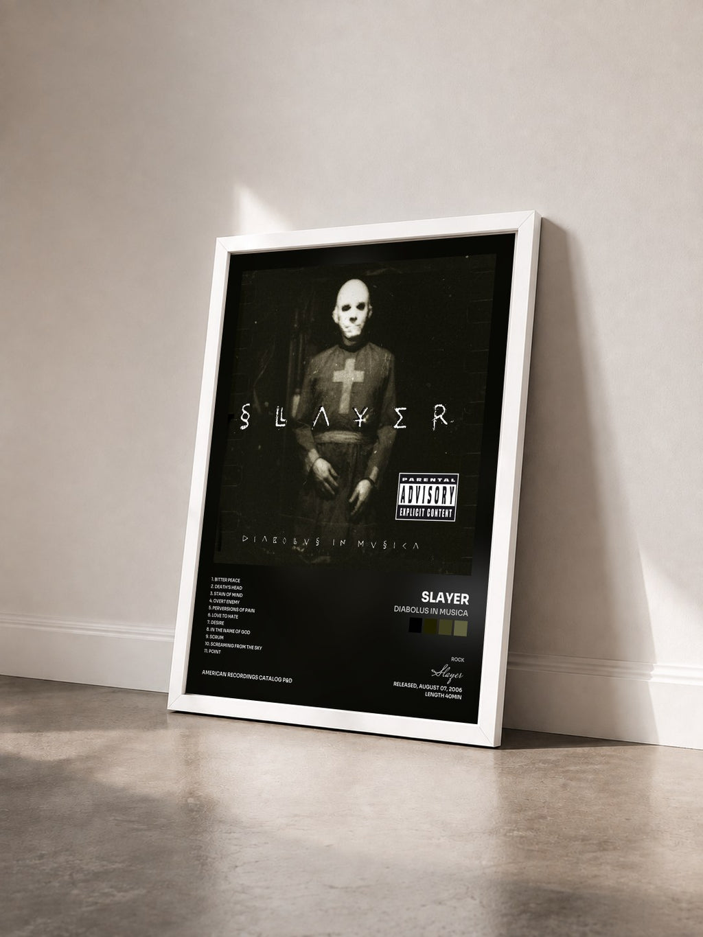 #blanc Tableau de l'album Diabolus In Musica de Slayer vu de trois quarts, cadre blanc