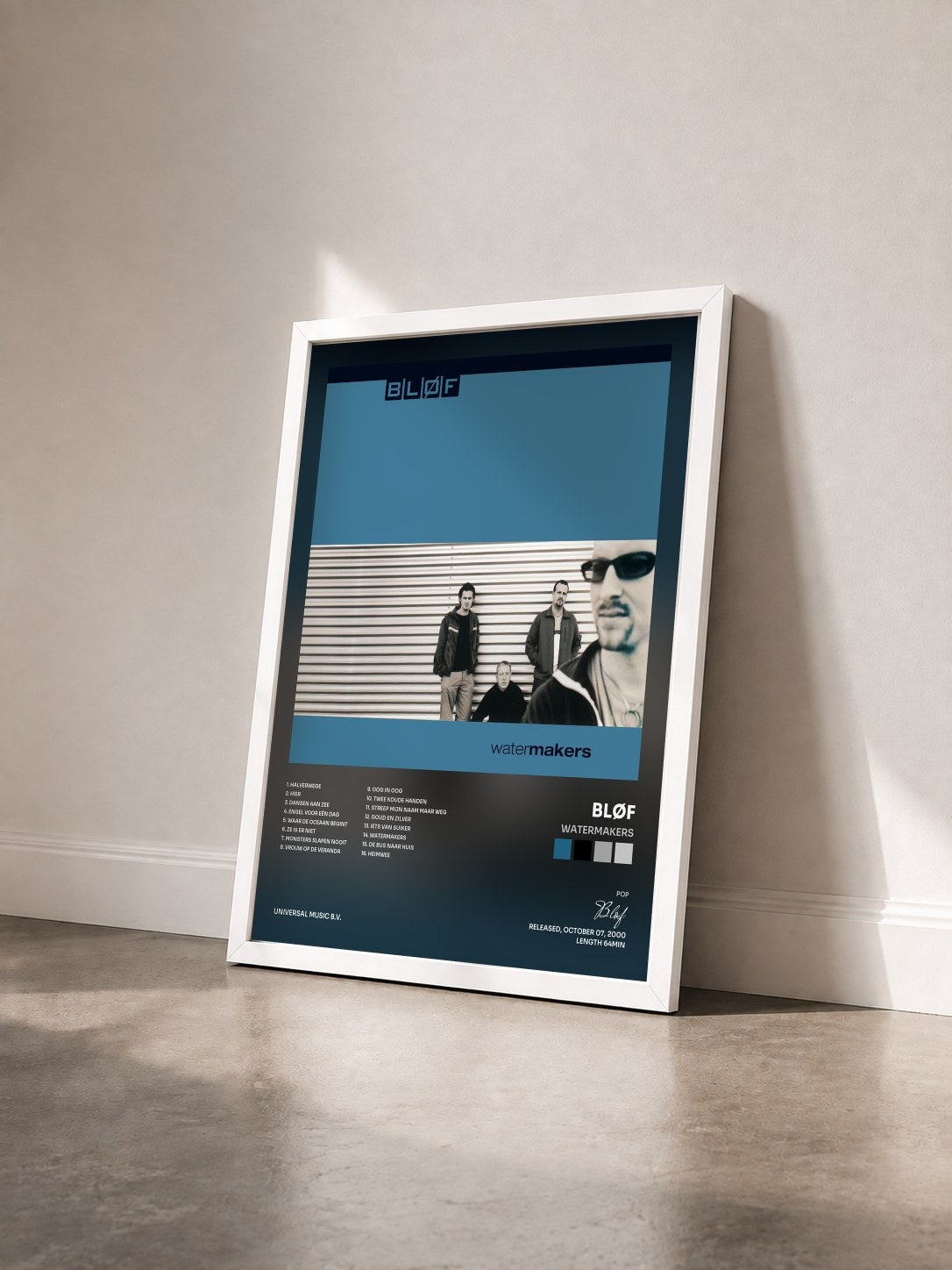 #blanc Tableau de l'album Watermakers de Bløf vu de trois quarts, cadre blanc