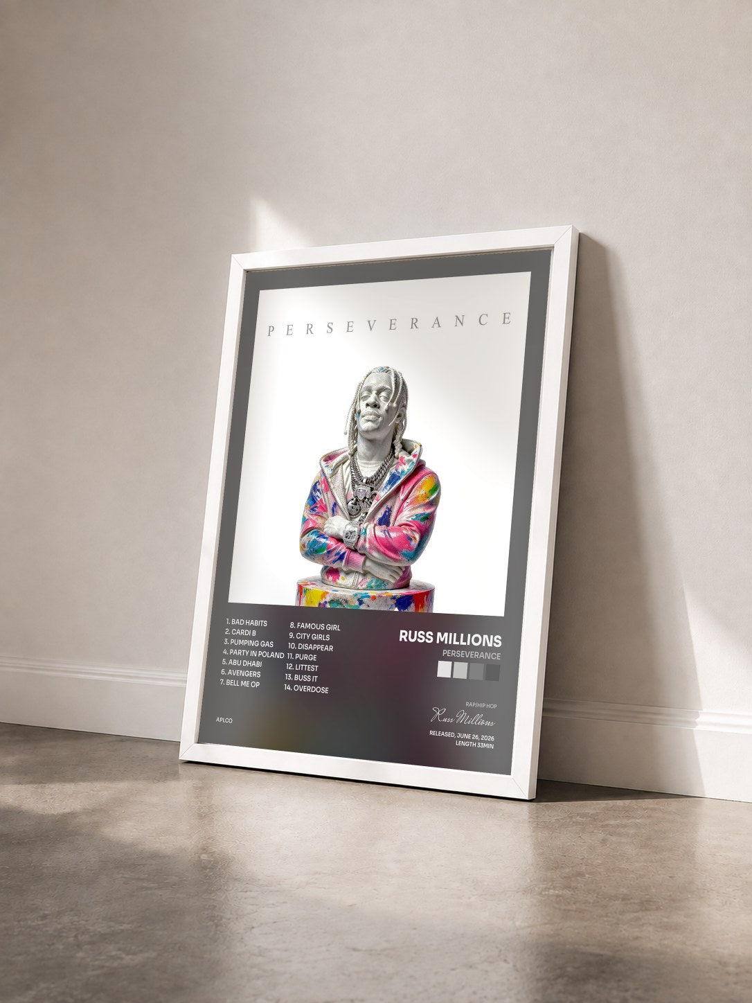 #blanc Tableau de l'album Perseverance de Russ Millions vu de trois quarts, cadre blanc