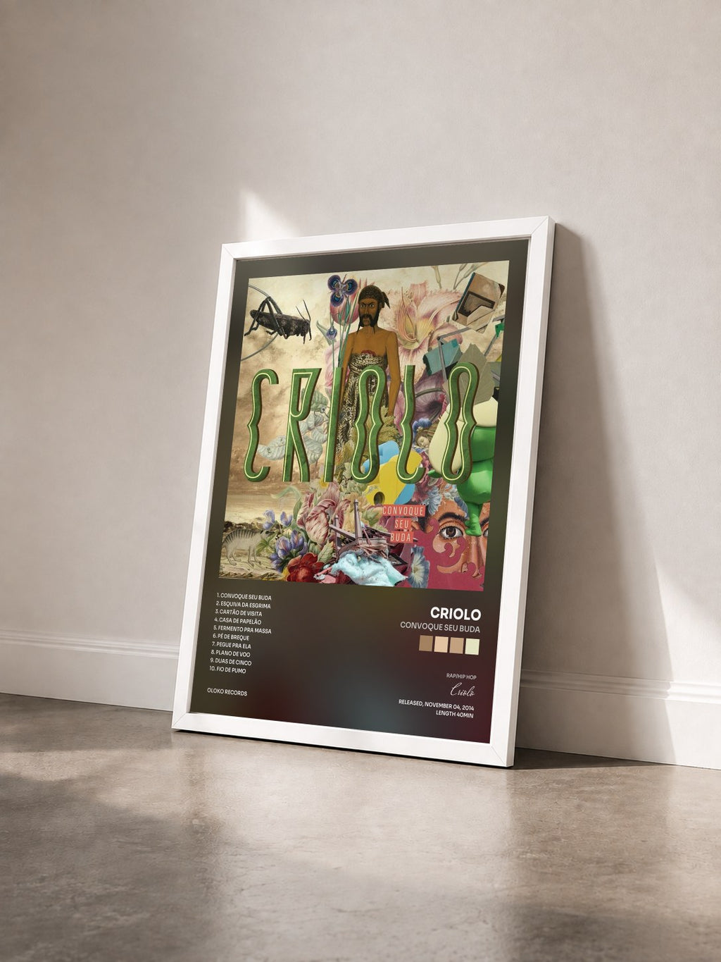 #blanc Tableau de l'album Convoque Seu Buda de Criolo vu de trois quarts, cadre blanc