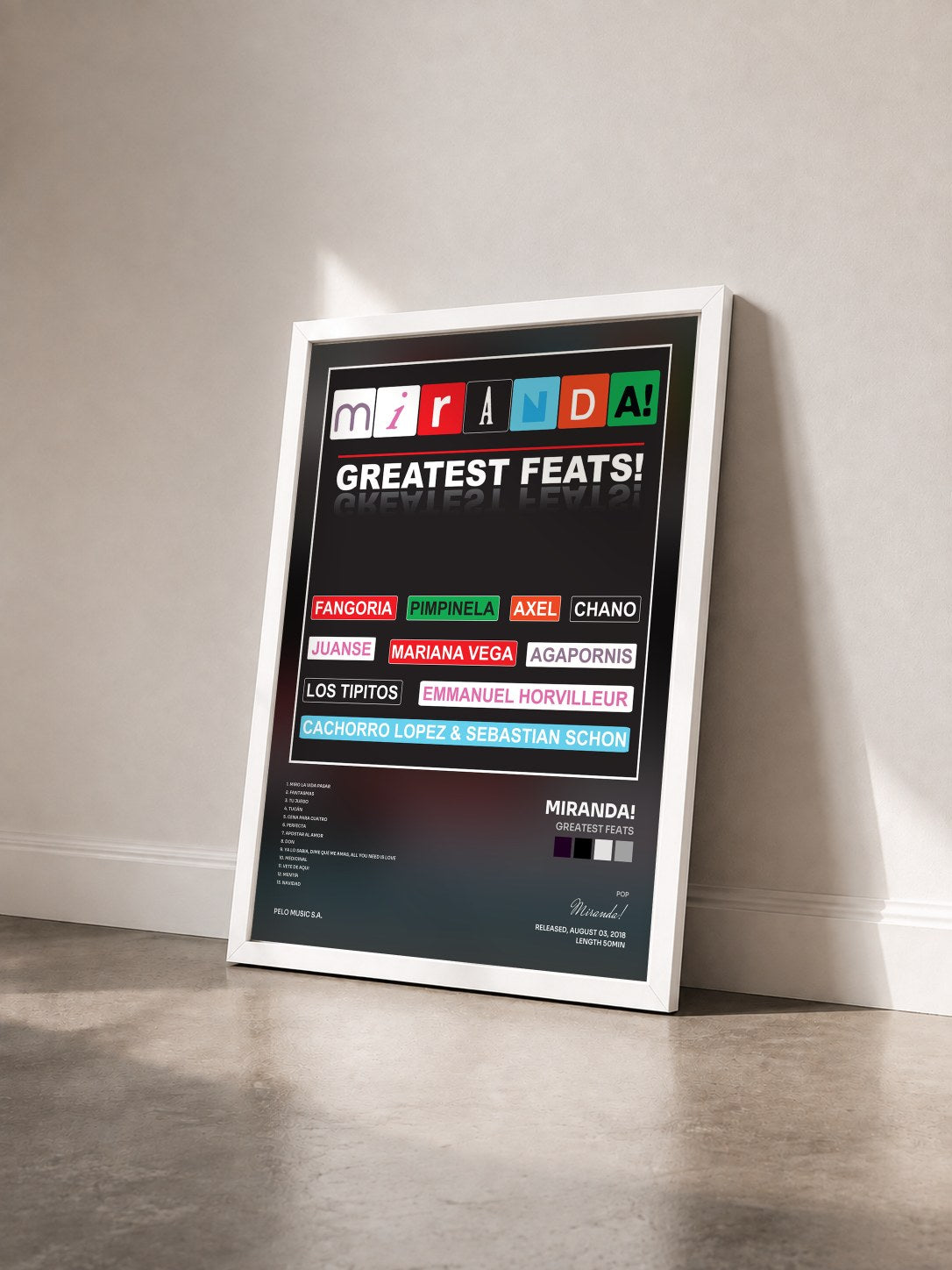 #blanc Tableau de l'album Greatest Feats de Miranda! vu de trois quarts, cadre blanc