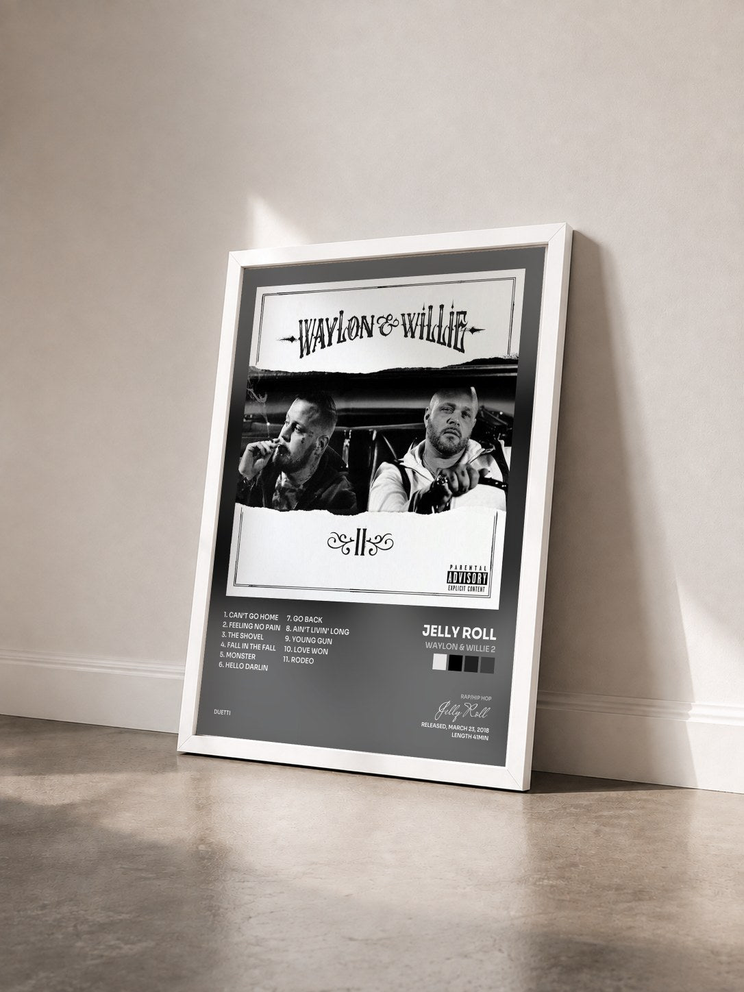 #blanc Tableau de l'album Waylon & Willie 2 de Jelly Roll vu de trois quarts, cadre blanc