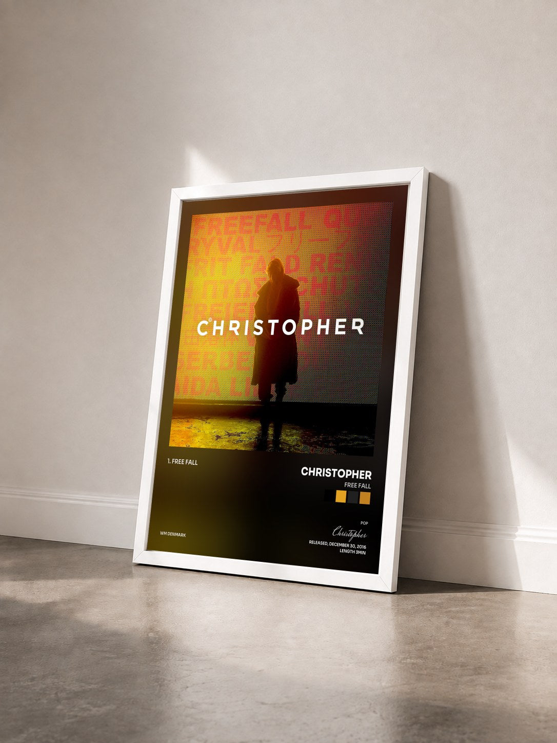 #blanc Tableau de l'album Free Fall de Christopher vu de trois quarts, cadre blanc