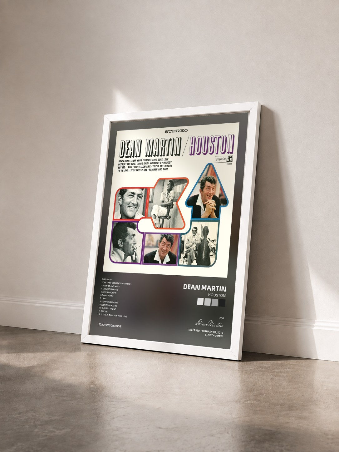 #blanc Tableau de l'album Houston de Dean Martin vu de trois quarts, cadre blanc