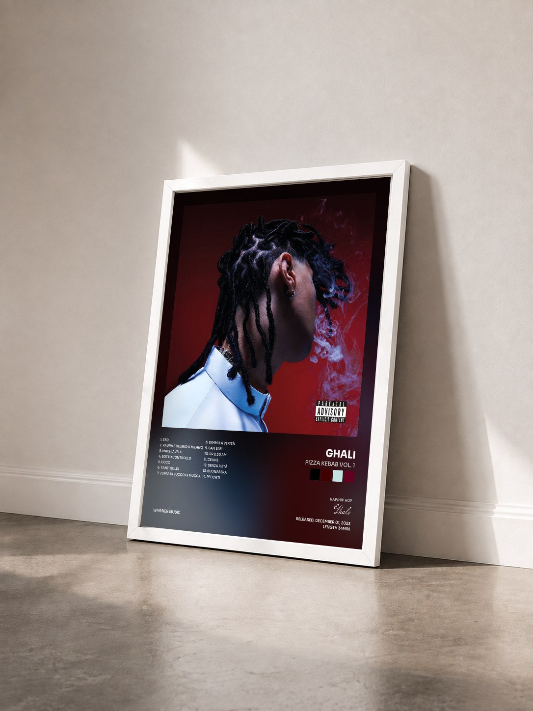 #blanc Tableau de l'album PIZZA KEBAB Vol. 1 de Ghali vu de trois quarts, cadre blanc