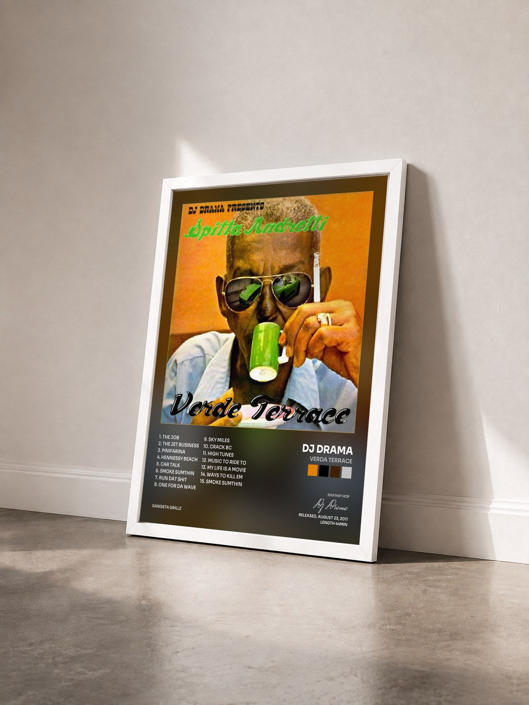 #blanc Tableau de l'album Verda Terrace de Dj Drama vu de trois quarts, cadre blanc