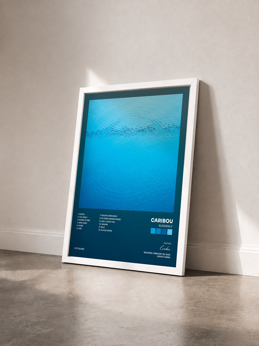 #blanc Tableau de l'album Suddenly de Caribou vu de trois quarts, cadre blanc