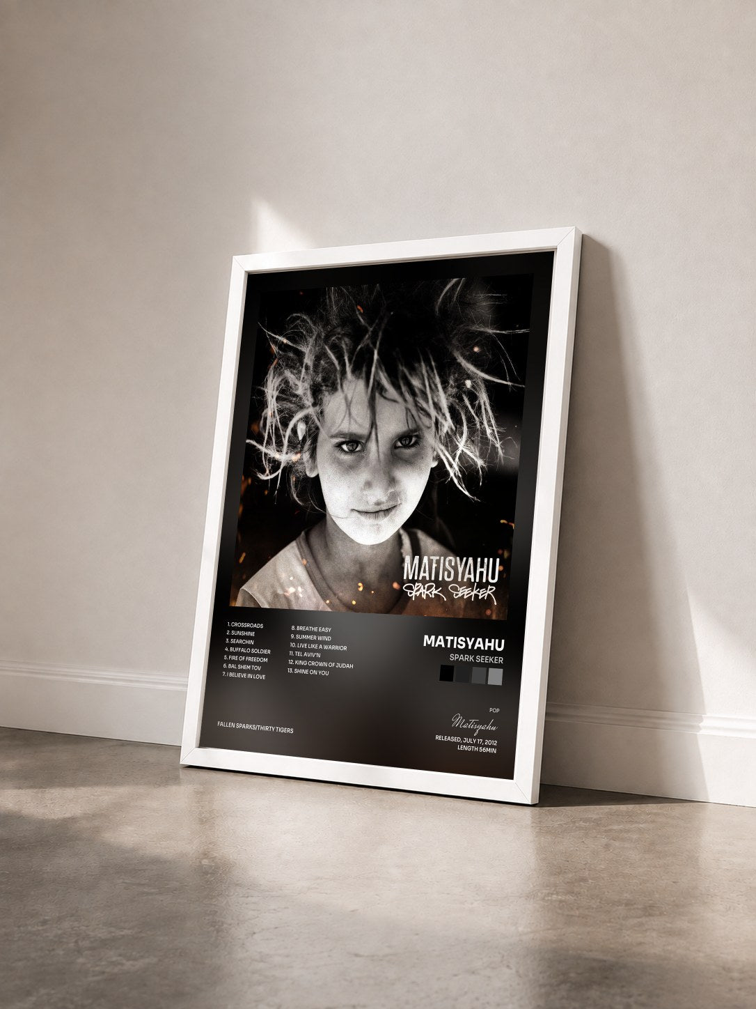#blanc Tableau de l'album Spark Seeker de Matisyahu vu de trois quarts, cadre blanc