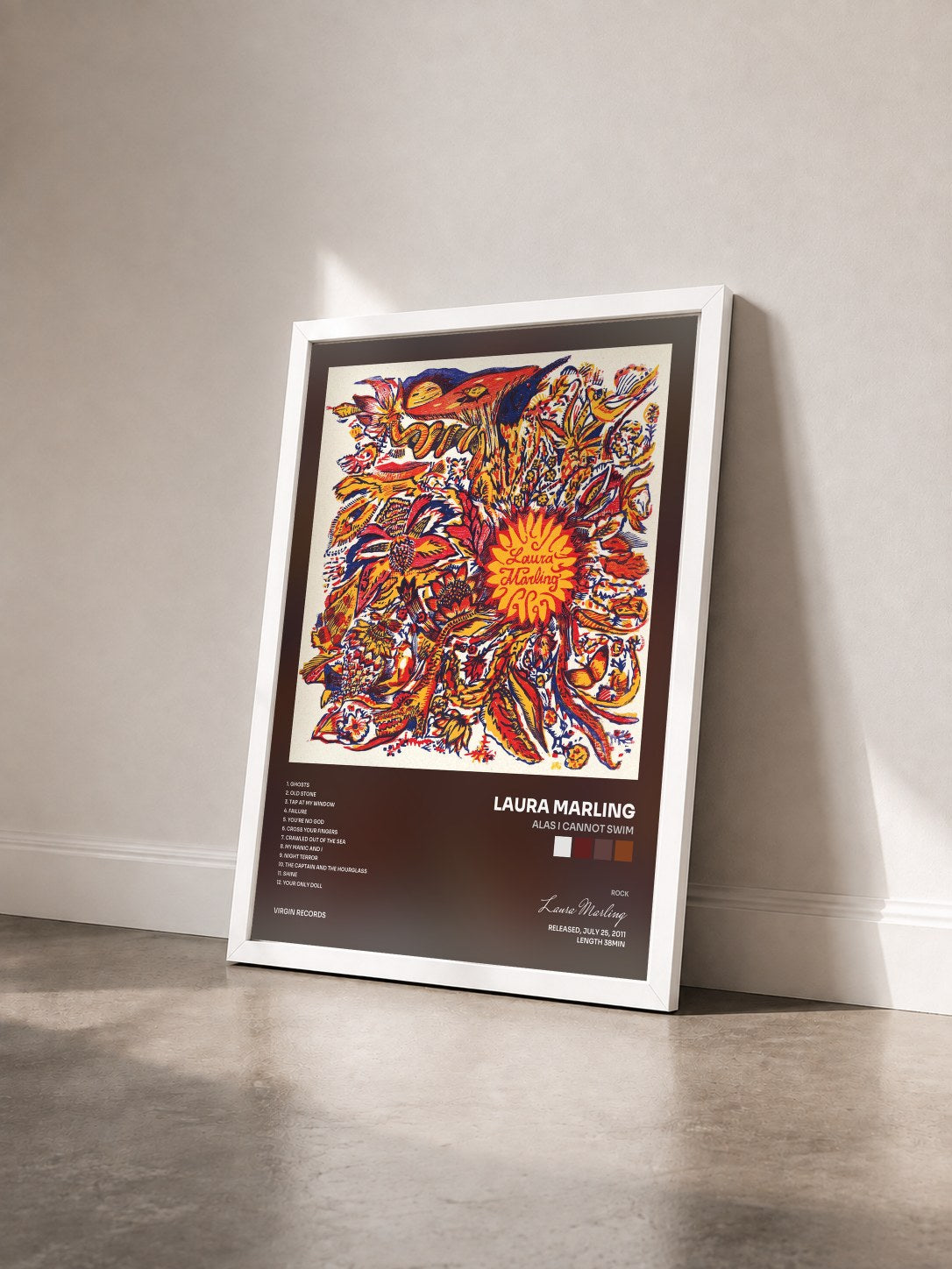 #blanc Tableau de l'album Alas I Cannot Swim de Laura Marling vu de trois quarts, cadre blanc