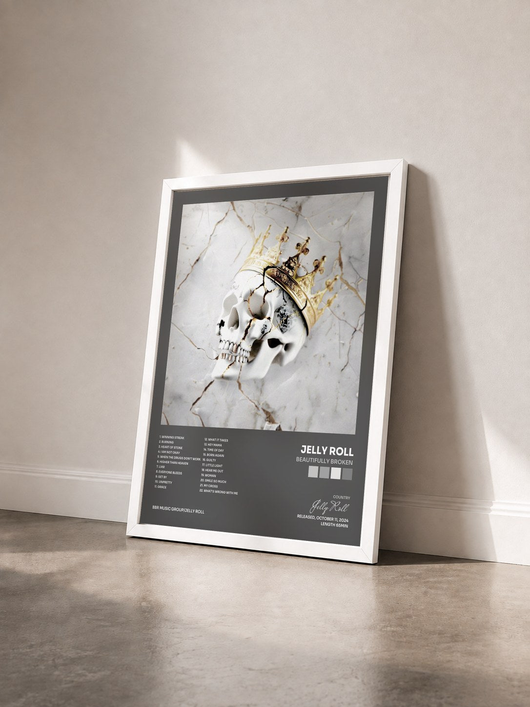 #blanc Tableau de l'album Beautifully Broken de Jelly Roll vu de trois quarts, cadre blanc