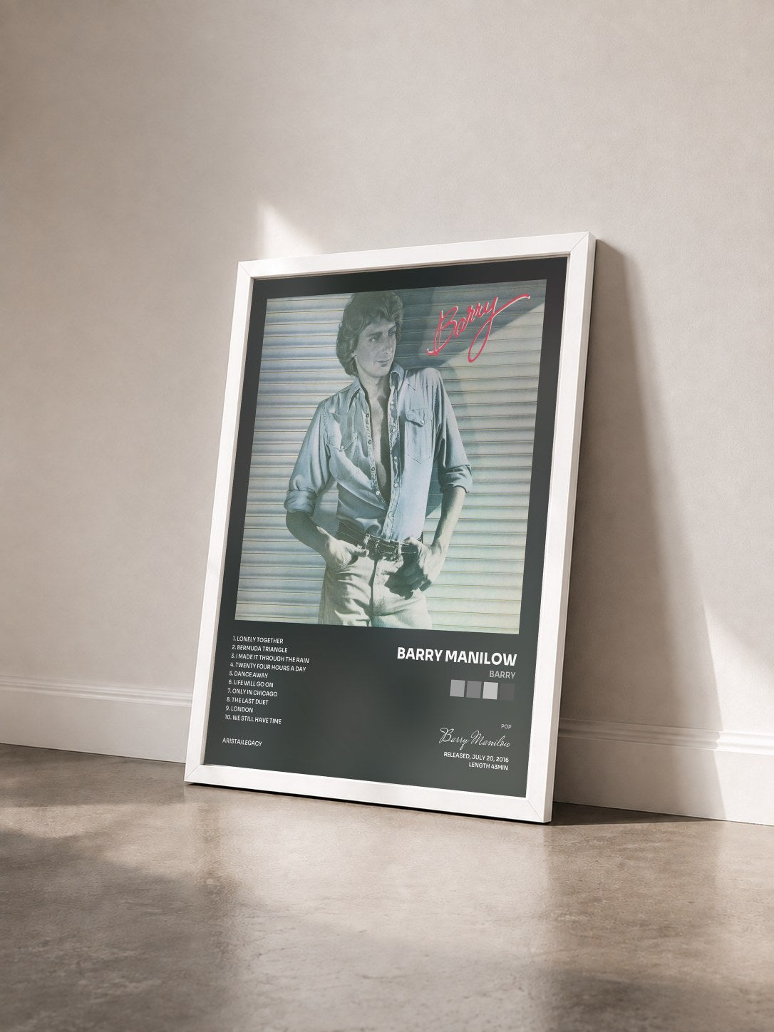 #blanc Tableau de l'album Barry de Barry Manilow vu de trois quarts, cadre blanc