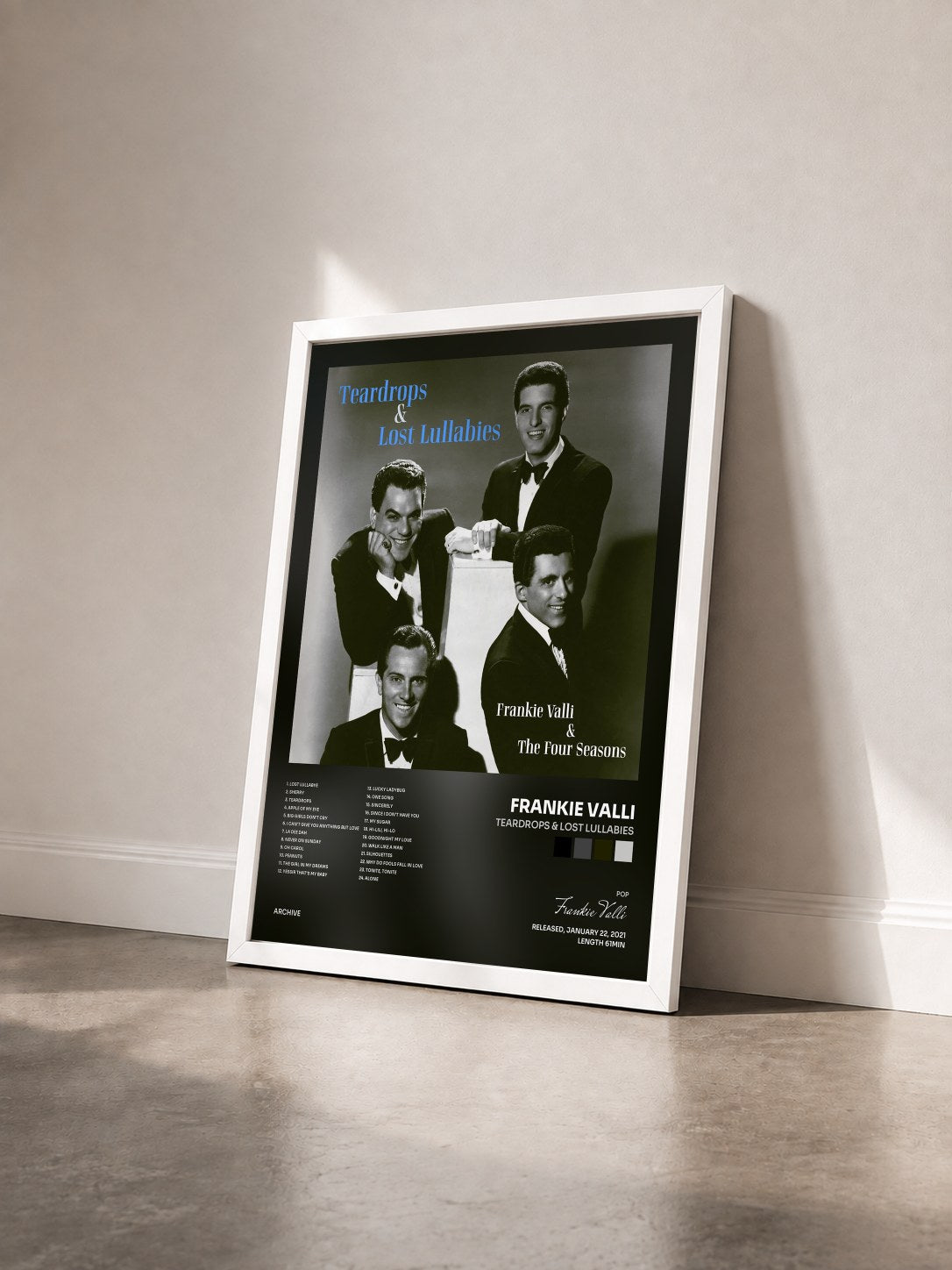 #blanc Tableau de l'album Teardrops & Lost Lullabies de Frankie Valli vu de trois quarts, cadre blanc