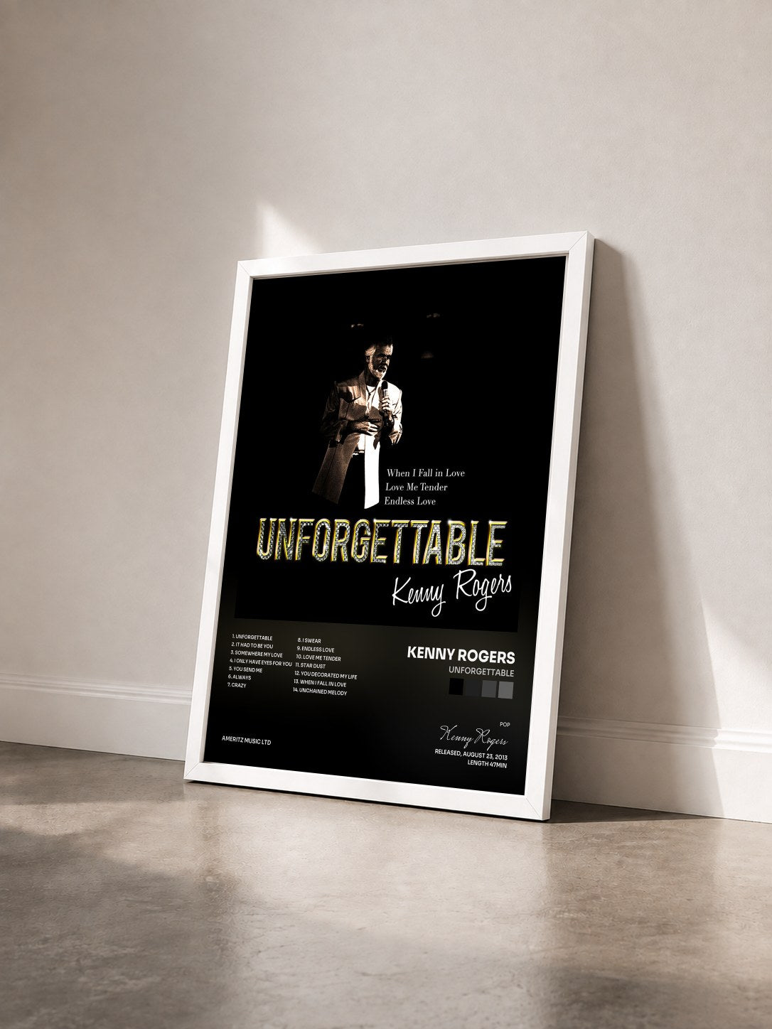 #blanc Tableau de l'album Unforgettable de Kenny Rogers vu de trois quarts, cadre blanc