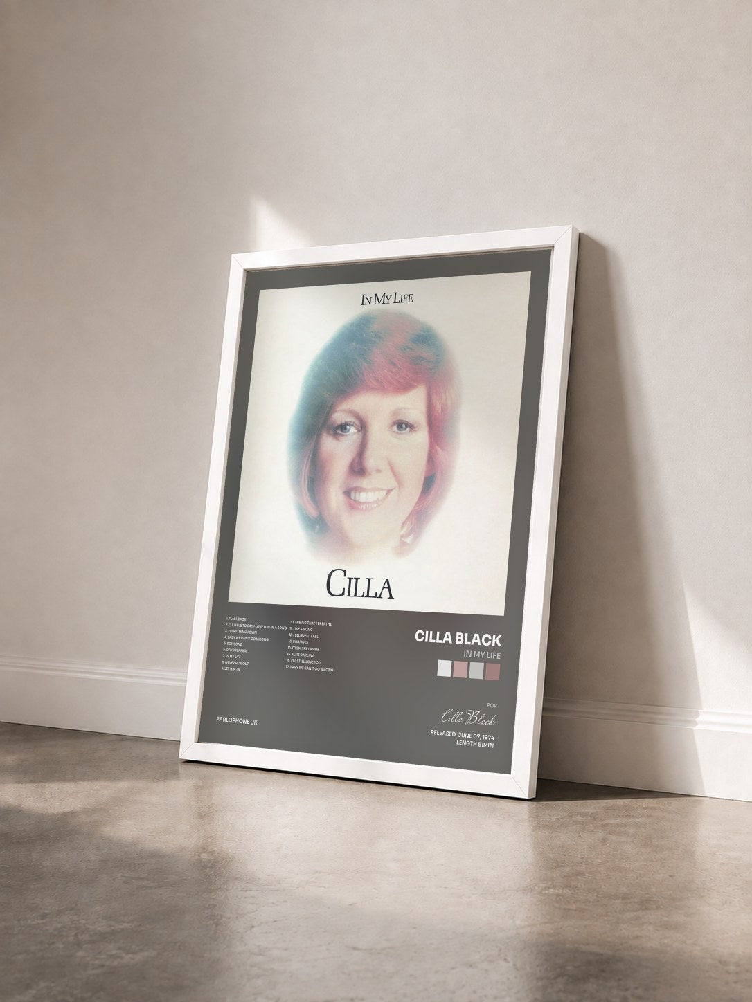 #blanc Tableau de l'album In My Life de Cilla Black vu de trois quarts, cadre blanc
