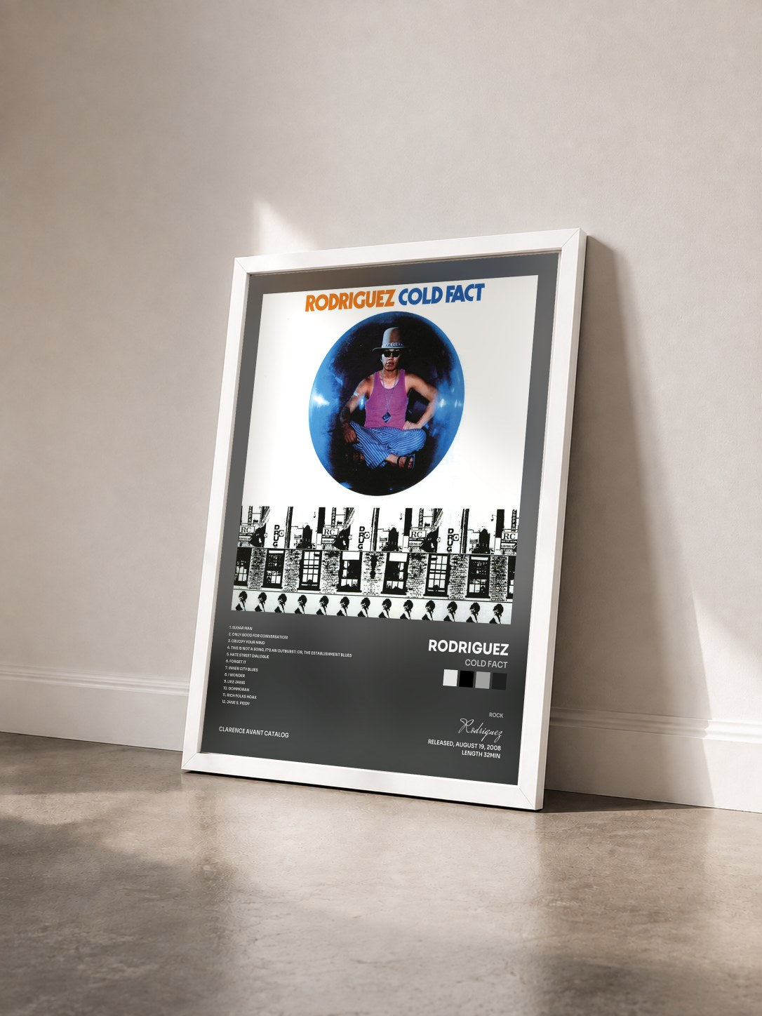 #blanc Tableau de l'album Cold Fact de Rodriguez vu de trois quarts, cadre blanc