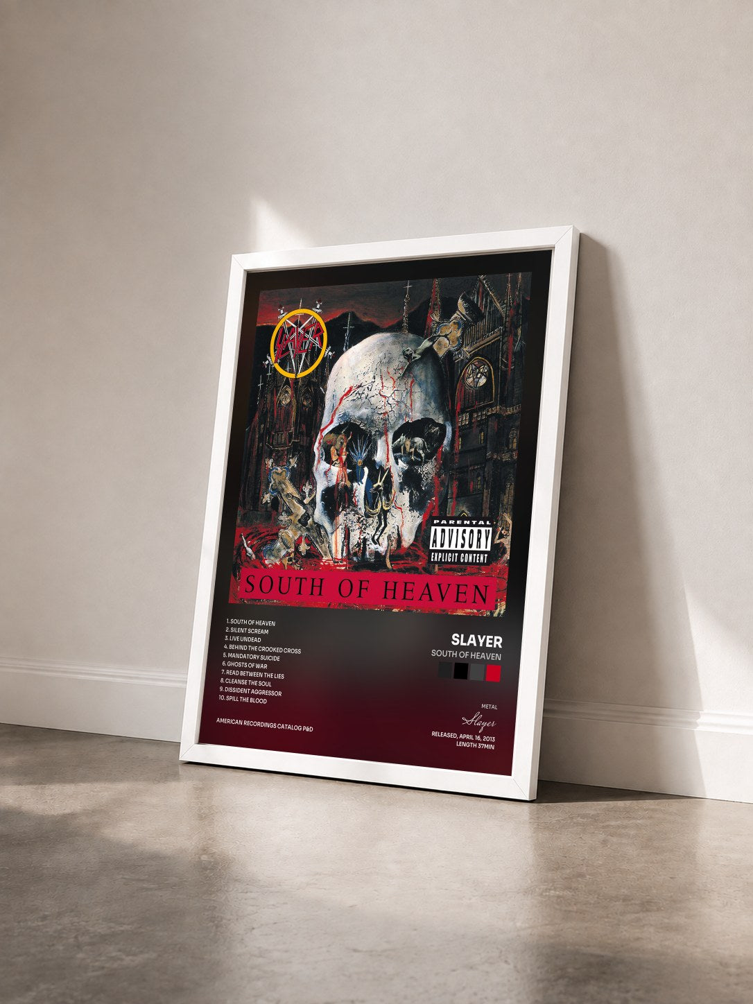 #blanc Tableau de l'album South Of Heaven de Slayer vu de trois quarts, cadre blanc