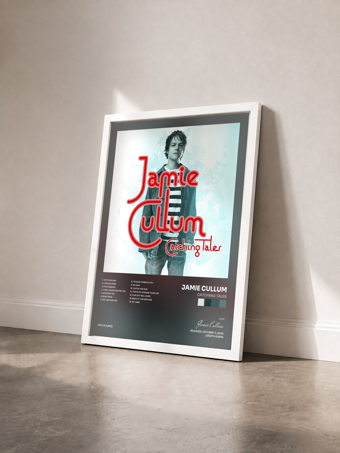 #blanc Tableau de l'album Catching Tales de Jamie Cullum vu de trois quarts, cadre blanc