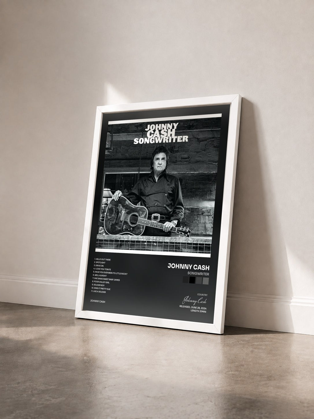 #blanc Tableau de l'album Songwriter de Johnny Cash vu de trois quarts, cadre blanc