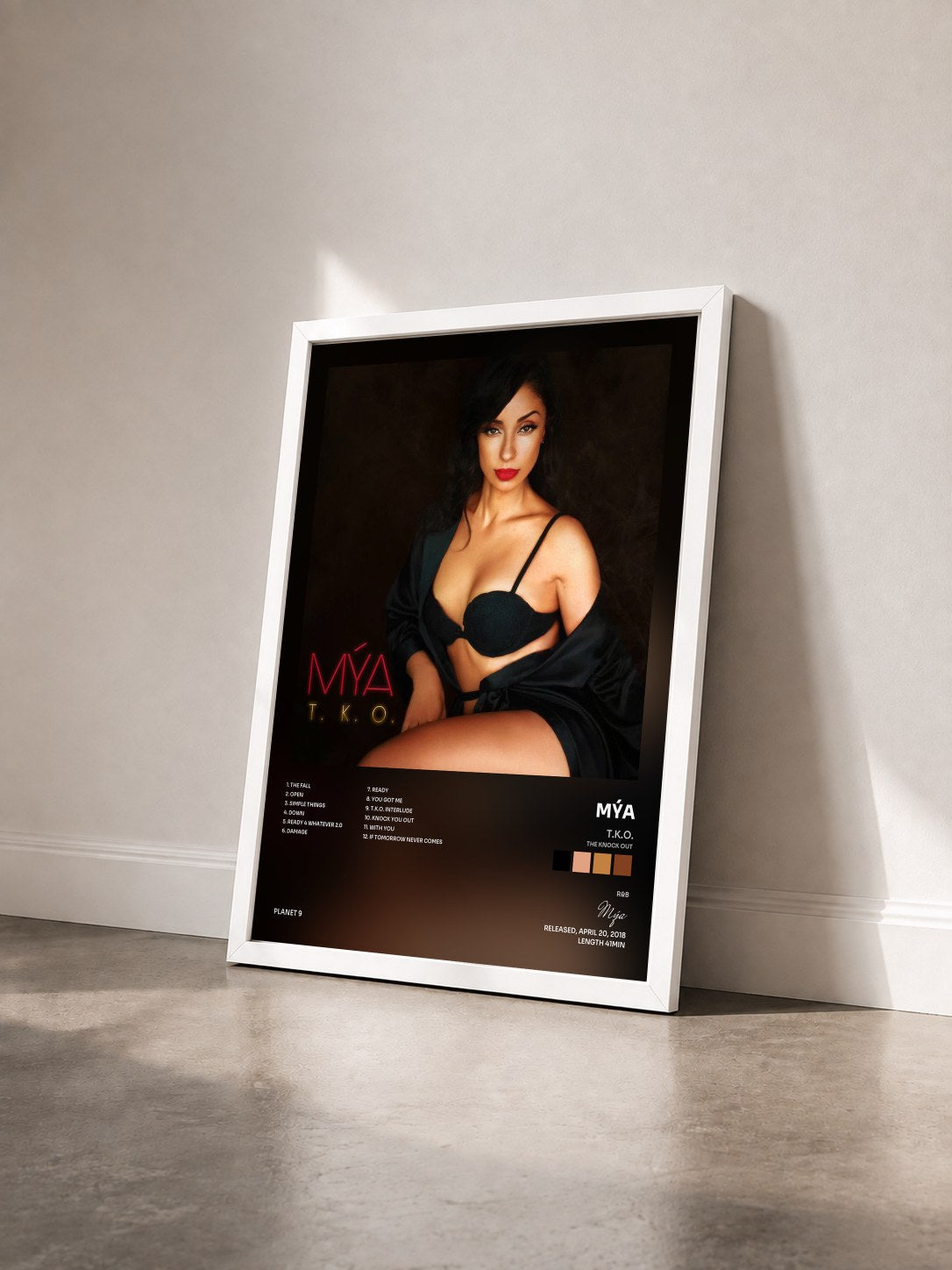 #blanc Tableau de l'album T.K.O. (The Knock Out) de Mýa vu de trois quarts, cadre blanc