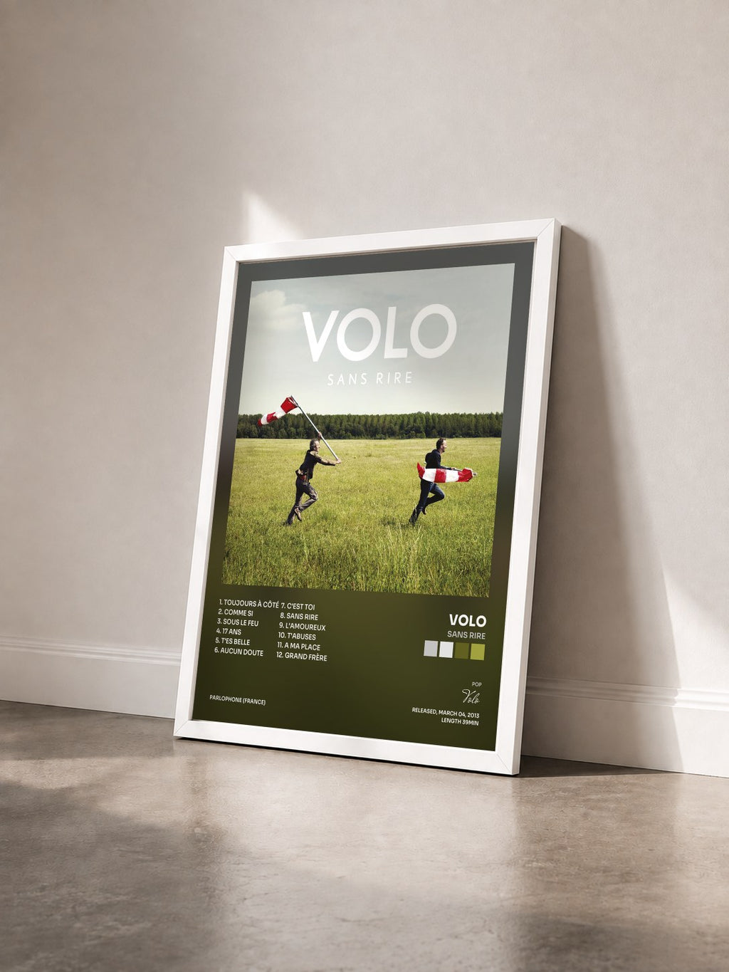 #blanc Tableau de l'album Sans rire de Volo vu de trois quarts, cadre blanc
