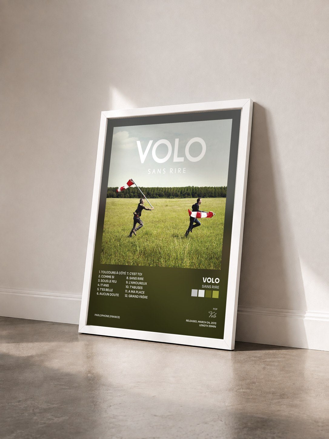 #blanc Tableau de l'album Sans rire de Volo vu de trois quarts, cadre blanc